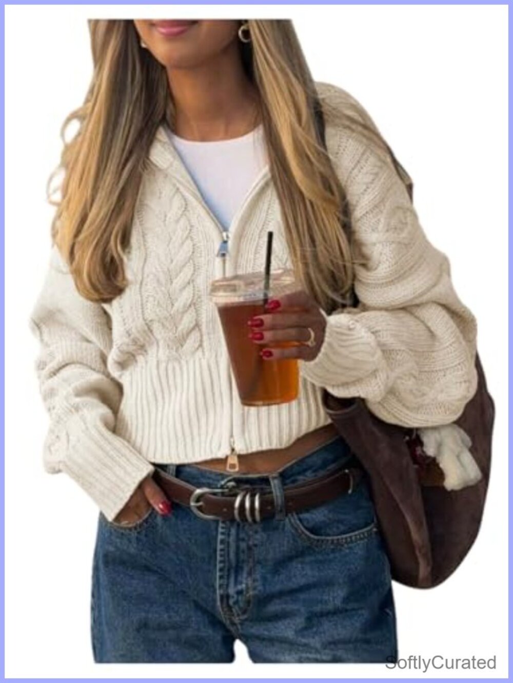 Cable Knit Cropped Zip Up Hooded Cardigan Sweater